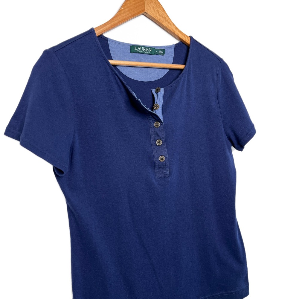 Lauren Ralph Lauren Womens Navy Blue Short Sleeve Henley Casual T Shirt Top L - Picture 6 of 16